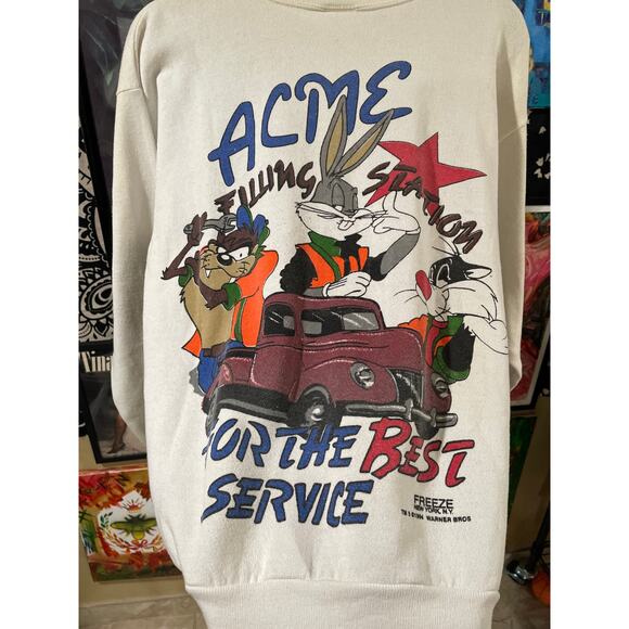 Rare 1994 Vintage Acme Looney Tunes Bugs BunnyTaz AOP White Crewneck Large - Picture 7 of 8